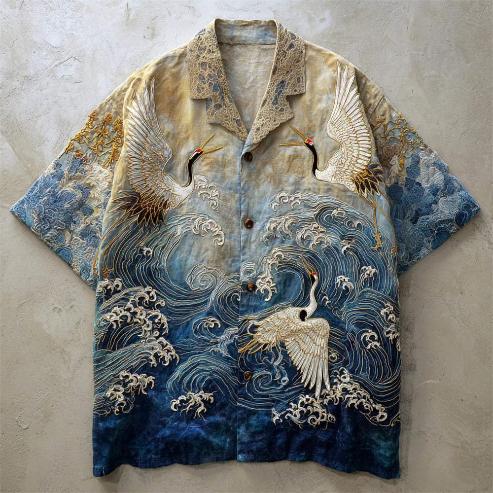 Premium Japanese Wave & Crane Art Linen Blend Half Sleeve Casual Shirt for Men | Vintage Ocean Print Summer Button Down Shirt