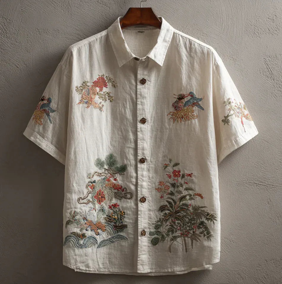 Premium White Embroidered Nature Print Linen Blend Half Sleeve Casual Shirt for Men | Summer Breathable Button Down Shirt