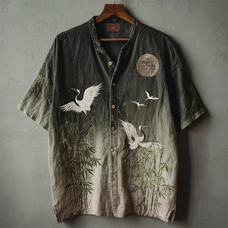 Premium Black Gradient Crane & Bamboo Linen Blend Half Sleeve Casual Shirt for Men | Japanese Style Mandarin Collar Summer Shirt