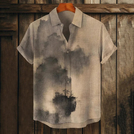 Premium Beige Japanese Ink Wash Print Linen Blend Half Sleeve Casual Shirt for Men | Minimalist Summer Button Down Shirt
