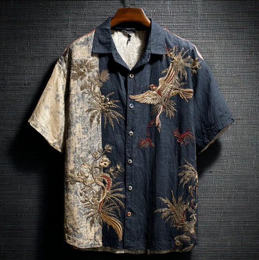 Premium Black & Beige Tropical Bird Print Linen Blend Half Sleeve Casual Shirt for Men | Vintage Hawaiian Summer Button Down Shirt