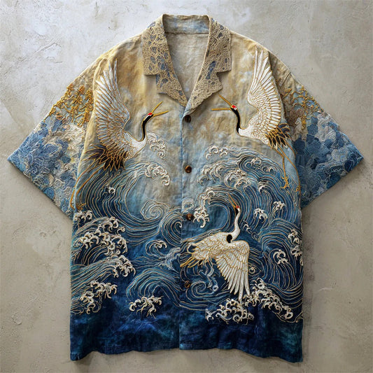 Premium Japanese Wave & Crane Art Linen Blend Half Sleeve Casual Shirt for Men | Vintage Ocean Print Summer Button Down Shirt