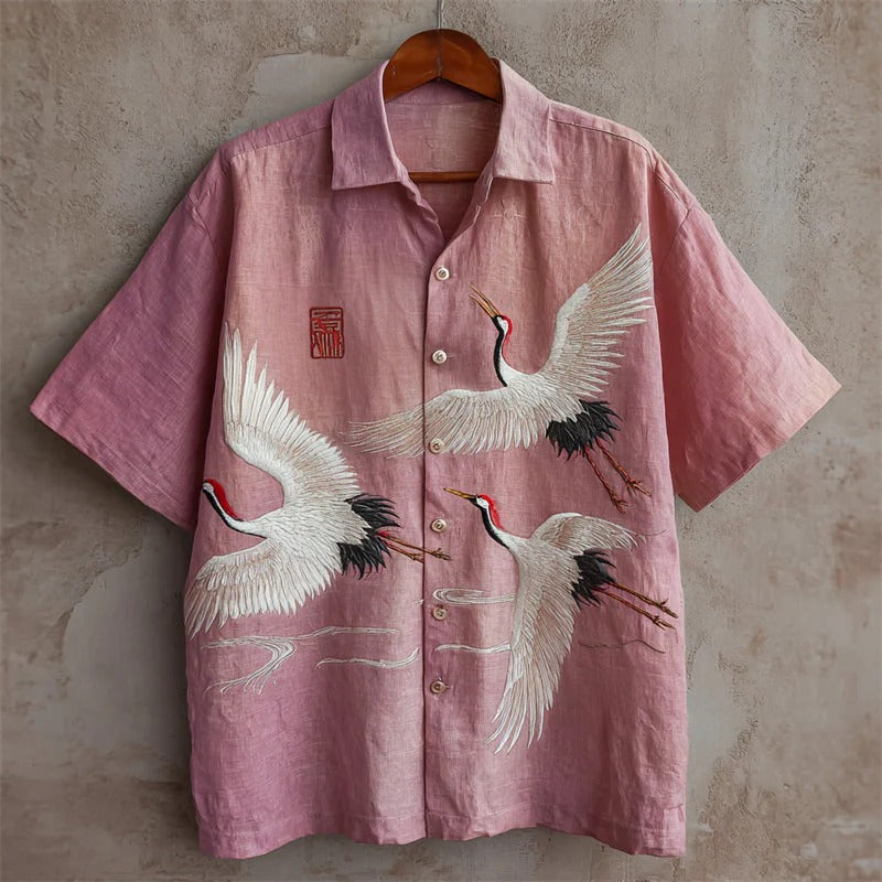 Premium Pink Crane Embroidered Linen Blend Half Sleeve Casual Shirt for Men | Japanese Inspired Summer Button Down Shirt