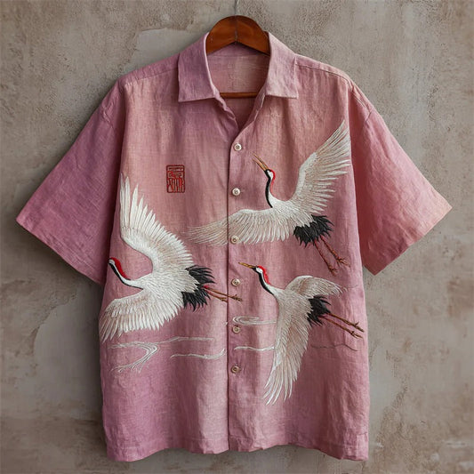 Premium Pink Crane Embroidered Linen Blend Half Sleeve Casual Shirt for Men | Japanese Inspired Summer Button Down Shirt