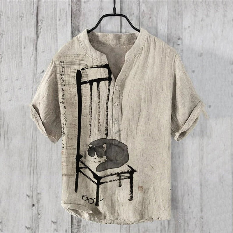 Premium Beige Japanese Zen Art Linen Blend Mandarin Collar Half Sleeve Casual Shirt for Men | Minimalist Summer Designer Shirt