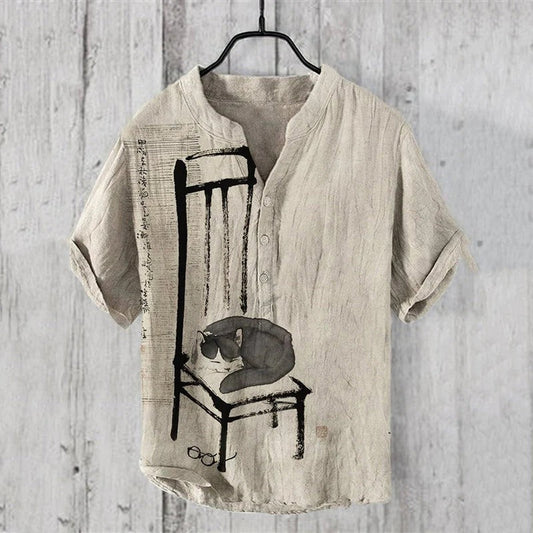 Premium Beige Japanese Zen Art Linen Blend Mandarin Collar Half Sleeve Casual Shirt for Men | Minimalist Summer Designer Shirt