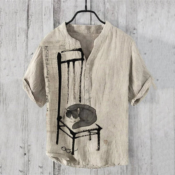 Premium Beige Japanese Zen Art Linen Blend Mandarin Collar Half Sleeve Casual Shirt for Men | Minimalist Summer Designer Shirt