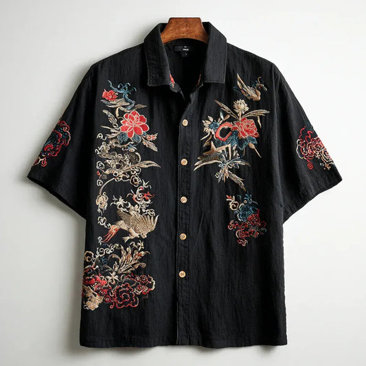 Premium Black Floral & Bird Embroidered Linen Blend Half Sleeve Casual Shirt for Men | Japanese Vintage Designer Summer Shirt
