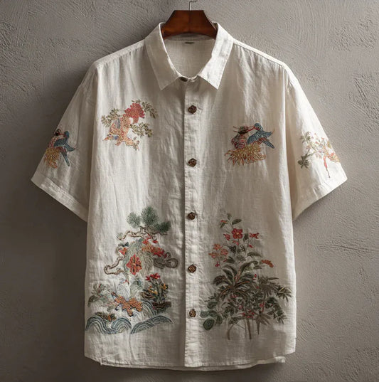 Premium White Embroidered Nature Print Linen Blend Half Sleeve Casual Shirt for Men | Summer Breathable Button Down Shirt